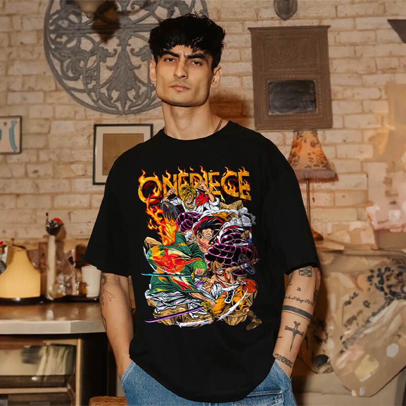 “One Piece Inferno” Oversized Black Graphic Tee – Anime Edition