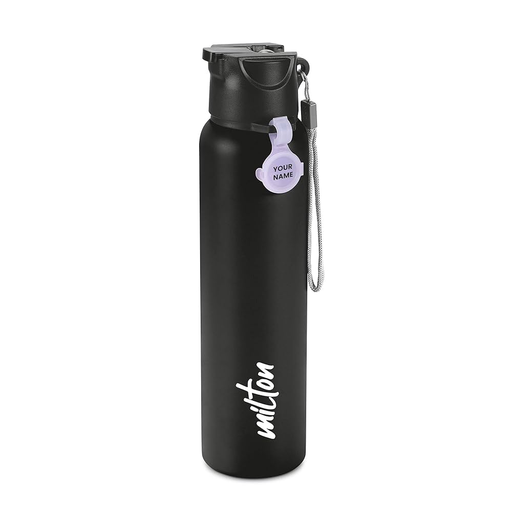 Milton Black Flip-Top Stainless Steel Bottle – Personalized Name Tag and Strap Included