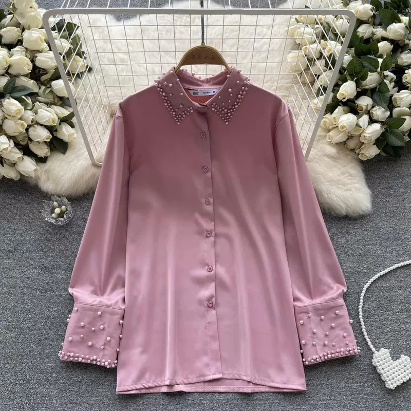 Rosé Bloom Pearl Embellished Satin Shirt