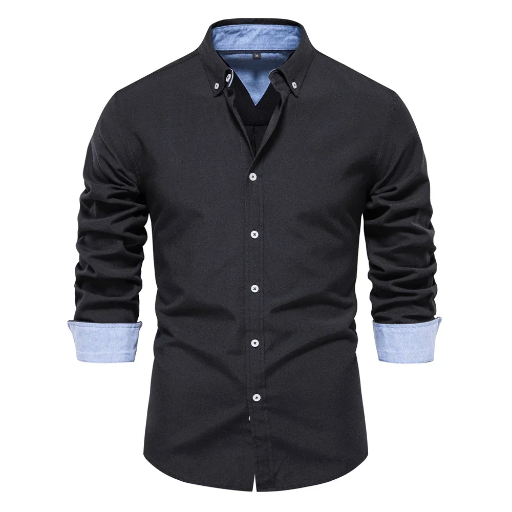 Black Button-Down Shirt with Denim Trim Accents – Smart Casual Office Wear Edition