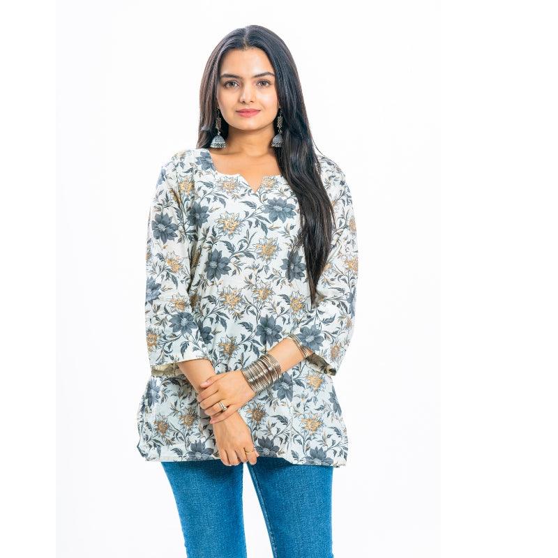 Floral Whisper Bell Sleeve Cotton Kurti - Image 3