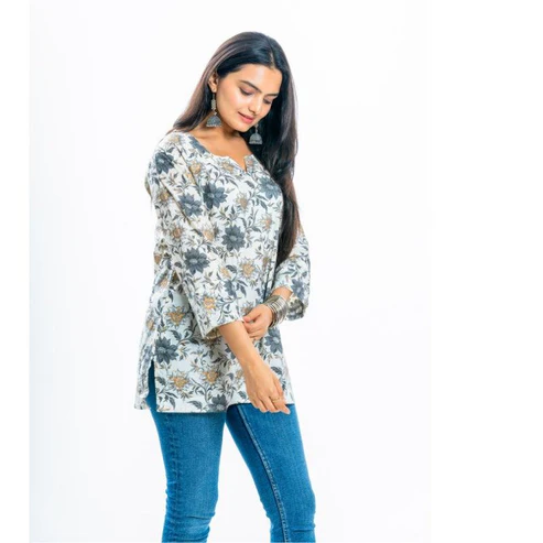 Floral Whisper Bell Sleeve Cotton Kurti - Image 2